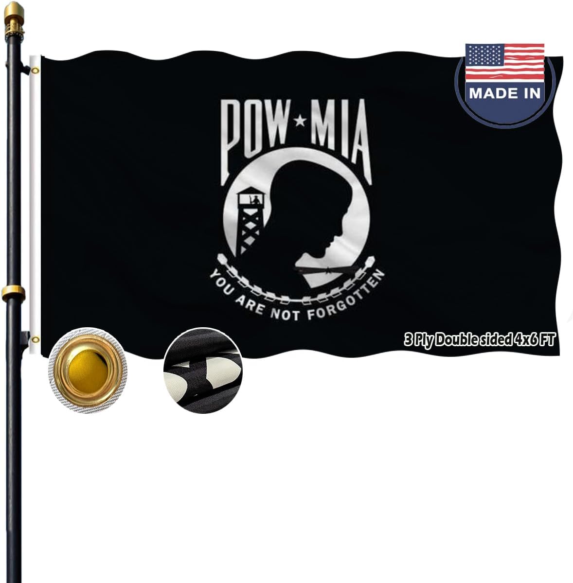 Volta Double Sided Pow Mia Flag 4x6ft, Outdoor Heavy Duty 3-Ply Durable Nylon Progressive Flag with Canvas Header/Brass Grommets for Indoor and Outdoor Decoration