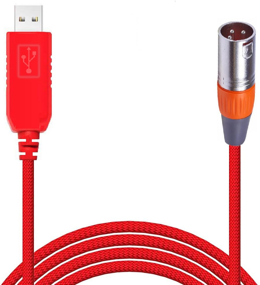 Feanteek USB to DMX Adapter RS485 Converter 3PIN XLR Male DMX512 Freestyler Software PC Control Dimmer Cable with FT232RL Chip Support Win10 Mac OS(6ft/1.8m), Red