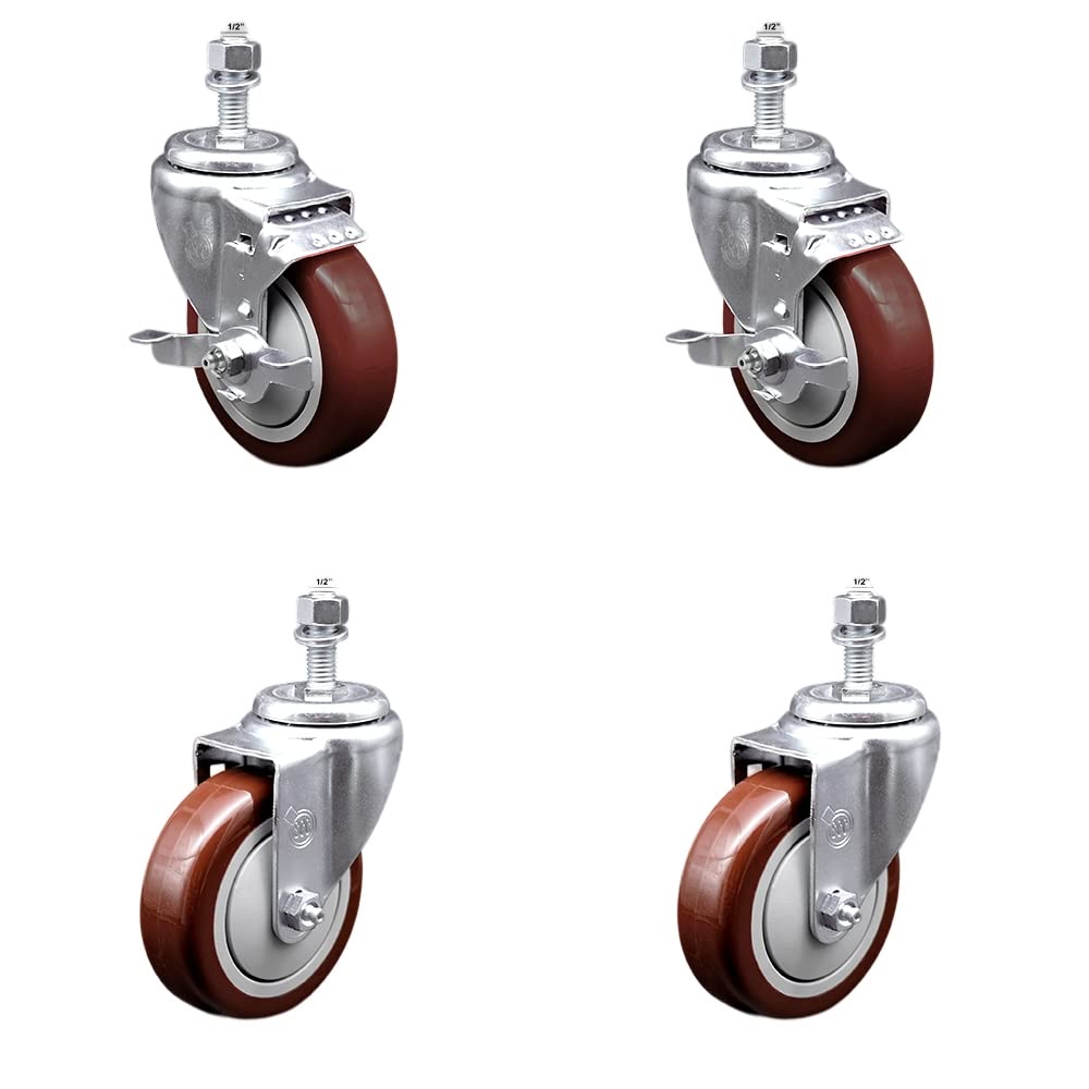Stainless Steel Polyurethane Swivel Threaded Stem Caster Set of 4 w/4" x 1.25" Maroon Wheels and 1/2" Stems - Includes 2 with Top Locking Brake - 1400 lbs Total Capacity - Service Caster Brand