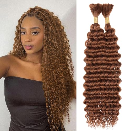 Color 30 Braiding Hair for Boho Braids 24 Inch 2 Bundles 100g Brown Deep Curly Wave Bulk No Weft Long Wet and Wavy Braiding Human Hair Extensions