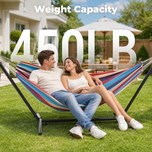 Hammock with Stand, Ohuhu Double Hammock with Space Saving Steel Stand & Pillow 2 Person Hammocks with Portable Carrying Bag for Camping Garden Patio Indoor Use Gift for Birthday, Tropical — view 6