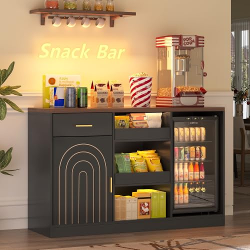 Lurinthal Snack Bar Cabinet with Mini Fridge Space Mini Fridge Cabinet with Storage Coffee Bar Cabinet with Drawer Power Outlets Snack Organizer with LED Lights for Home Movie Room Game Room