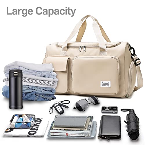 Image of Suruid Gym Bag with Shoe Compartment, Sports Duffle Bag for Women, White | Dry Wet Separation Pouch, For Men and Women, Overnight Weekender Training Handbag Yoga Bag