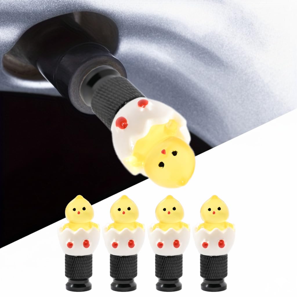 4-Pack Handmade Yellow Eggshell Chicken Valve Stem Caps for Schrader Valves Fun Unique Car and Bike Accessory Easter