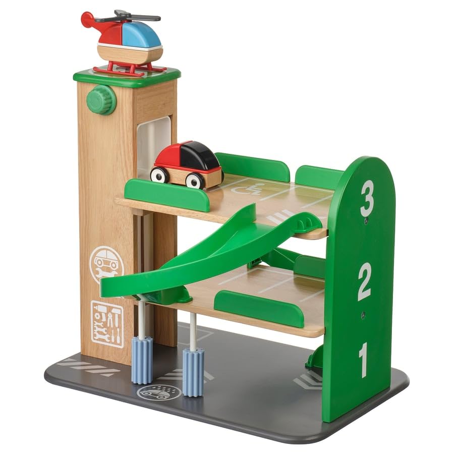 Image of LILLABO Garage Playset with Car and Helicopter, Multicolour Wooden Toy Set for Kids, Includes Parking Garage, Vehicles & Helipad, Encourages Imaginative Play and Motor Skills