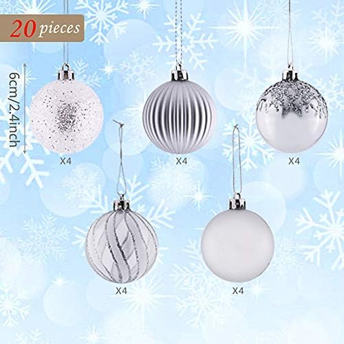 Victor's Workshop 20pcs 6cm Shatterproof Christmas Baubles, Frozen Winter Silver and White Christmas Ball Ornaments for Christmas Tree Decorations