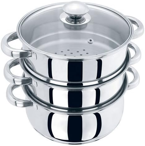 22cm 3 Tier Stainless Steel Vegetable and Meat Chicken/Lamb/Beef Food Steamer Steam Set Base Glass Vented Lid