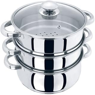 22cm 3 Tier Stainless Steel Vegetable and Meat Chicken/Lamb/Beef Food Steamer Steam Set Base Glass Vented Lid