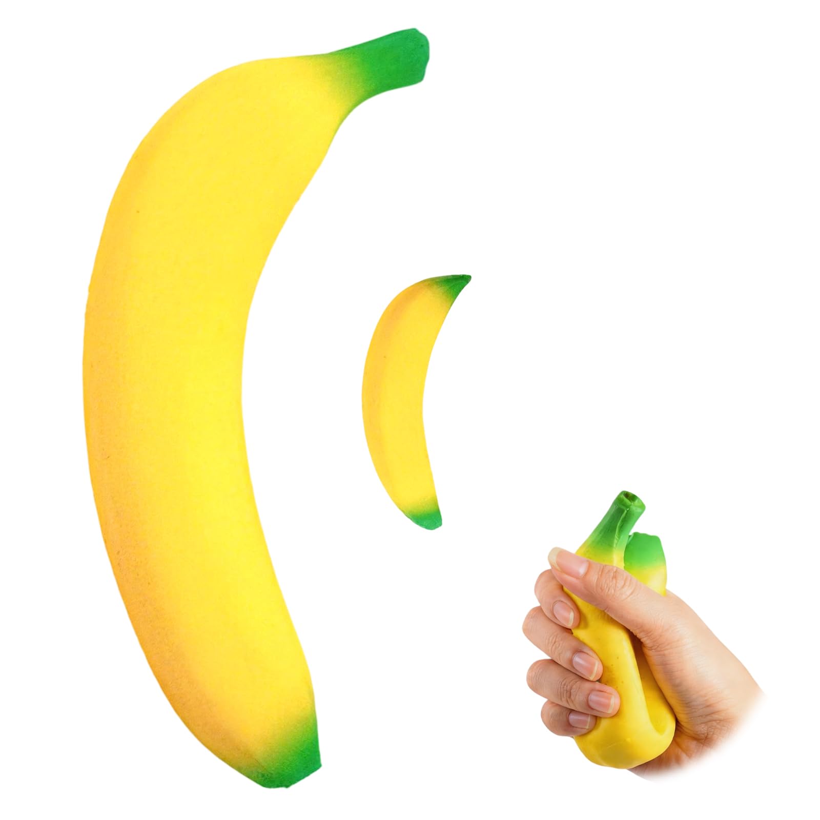 2Pcs Banana Squishy, Soft PU Foam Squeeze Fidget Set with Big & Mini Bananas, Fake Fruit Squishies for Stress Relief, Cute Novelty Gift for Adults Office Home Decor