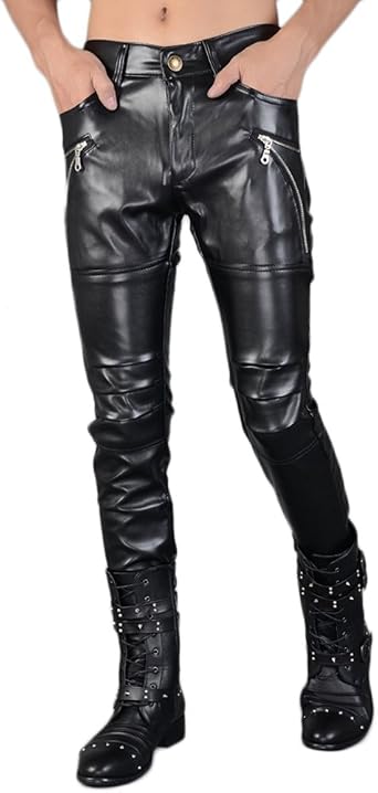 Idopy Men`s Rock Punk Hip Hop Faux Leather Motocycle Pants