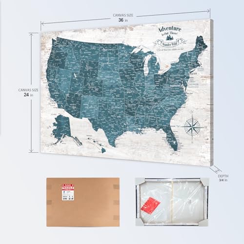 Image of IPIC - Antique Blue USA Travel Map, Pin Board Canvas Wall Art, Travel Map with Pins Included, Ready to Hang for Home or Office, 36x24 Inch