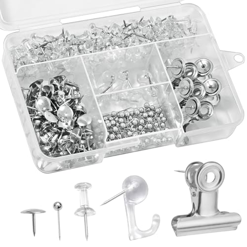 310 Piezas Chinchetas de Pared Transparentes, 5 Estilos con Pines de Gancho, Chincheta con Clip, Chinchetas Redondas para Corcho, Fotos, Mapas, Calendarios (Plata)