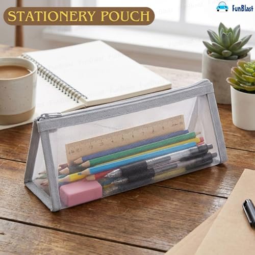 Image of FunBlast Mesh Pencil Case with Smooth Zipper, Single Layer Multi-Purpose Stationary & Pen Pouch for Boys & Girls, Transparent Stationary Bag, Organizer Pouch for Student (Light Grey-C)