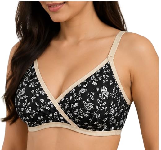 Women's Black Floral Print Cotton Bra | Non-Wired Non-Padded Full Coverage Bra | Soft Comfortable Lingerie & Innerwear-image-38