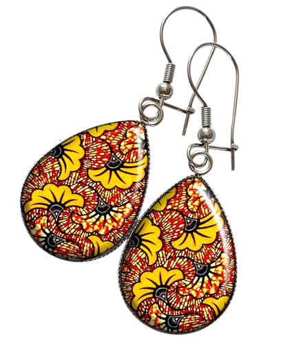 Boucles d'oreilles gouttes wax jaune rouge fleurs ethnique afrique cadeau