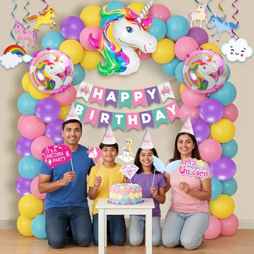 Image of Party Propz Unicorn Theme Birthday Decoration Kit For Girls -127 Pcs, Unicorn Balloons, Banner, Swirls, Caps & Photo Props, Pink Theme Decoration For Birthday Girls