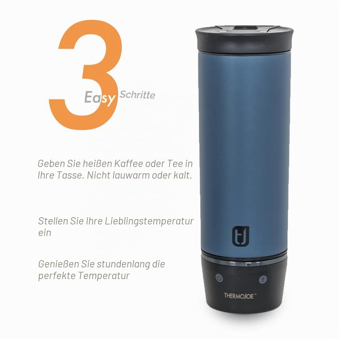 Thermojoe Wiederaufladbarer beheizter intelligenter Reisebecher für Kaffee und Tee mit Temperaturkontrolle, 473 ml