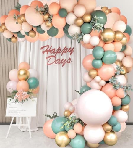 Image of Sage Green Retro Balloon Arch Kit 66 Pcs - Green, Peach, White & Gold Chrome Balloons for Birthday, Baby Shower, Anniversary & Party Decorations of Men Women Boys Girls