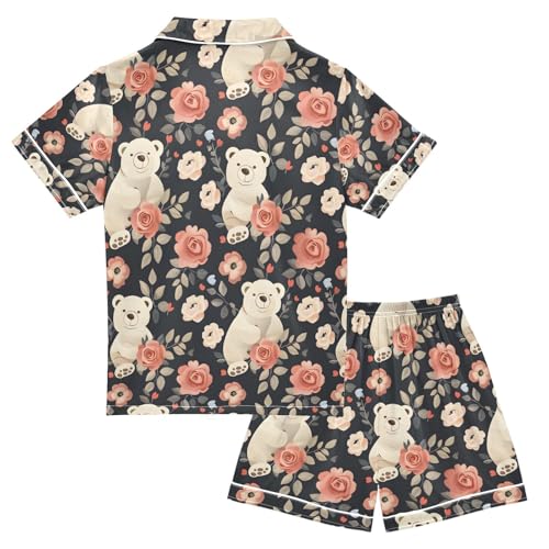 ALAZA Bear Rose Flower Floral Pajamas Satin Pajama Set Short Sleeve Button Down Sleepwear2