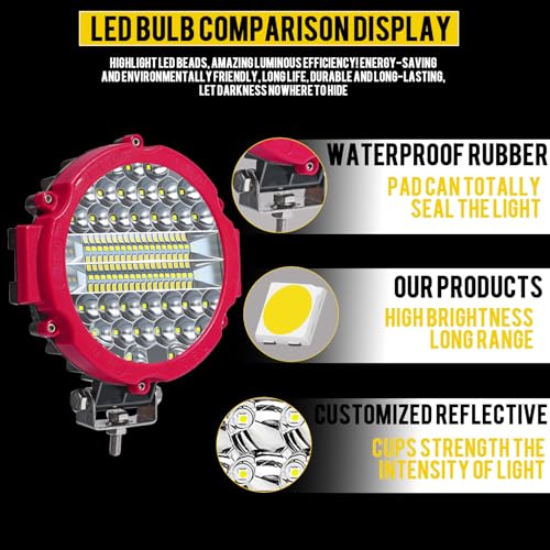 7 INCH Round Light Bar MUVKQC 201W LED Off Road Lights 21000lm Driving Light Pods Trucks Tractor LED Work Lights for Pickup SUV ATV UTV Truck (10x201w red)