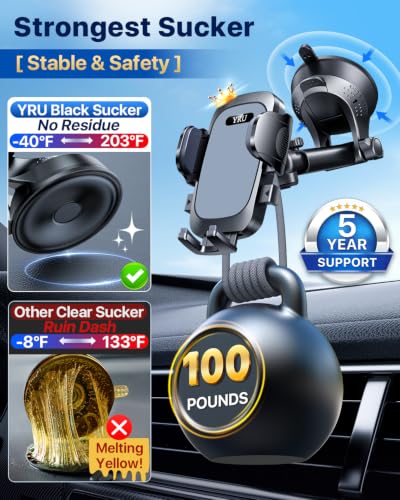 Image of YRU [True Upgrade for Safety] Car Phone Holder Mount [Patent & Military-Grade] Dashboard Cell Phone Holder for Car Vent Windshield Phone Stand for iPhone 17 16 15 14 13 Pro Max Truck Samsung (Grey)