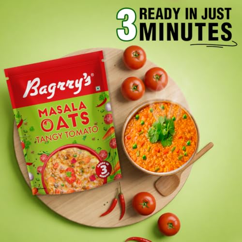 Image of Bagrry's Masala Oats- Tangy Tomato 1000g (Pack of 2, 500g Each) | Made with Whole Grain Oats | High Protein Breakfast Cereal, Snack | Dehydrated Vegetables, Spices & Herbs | High Fibre | Non- GMO | Instant Oats | No Added Preservatives & Artificial Colours
