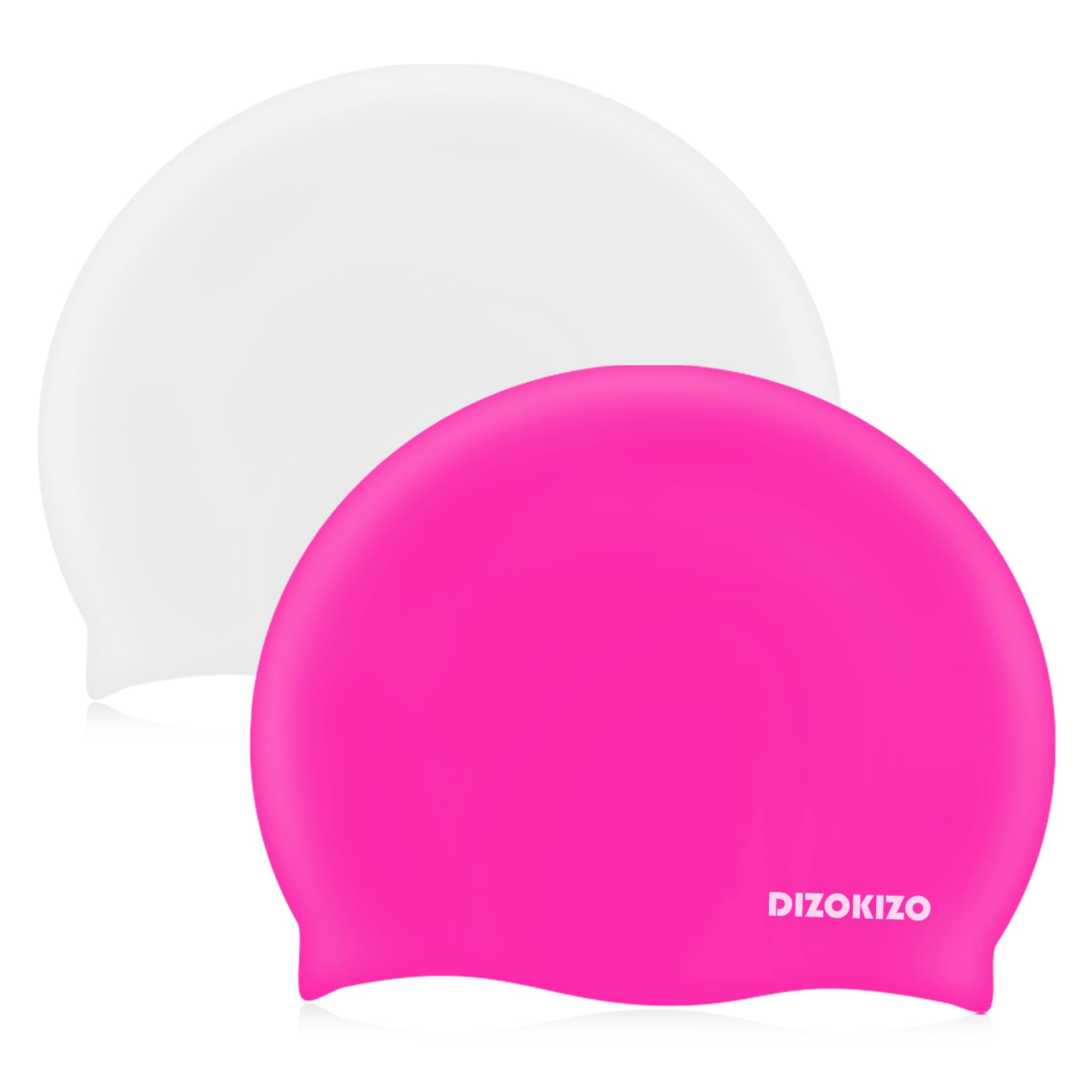 Dizokizo 2pcs Silicone Swim Cap for Kids 6-14, High Elasticity Comfortable Non-Slip Swimming Cap for Girls & Boys, Waterproof Swim Hats for Long and Short Hair, Keep Hair Dry (White & Rose red)