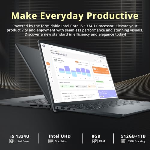 Image of Dell 15.6 inch FHD Touchscreen Laptop, Intel Core i5-1334U, 8GB DDR5, 1.5TB Storage (512GB SSD+1TB Docking Station Set), Intel UHD Graphics, Numeric Keypad, 720p Camera, Wi-Fi 6, Win 11 Pro, Carbon Black