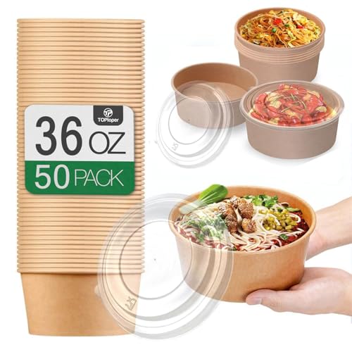 TOPtoper 36Oz 50Pcs Large Paper Bowls with Lids, Disposable Soup ...