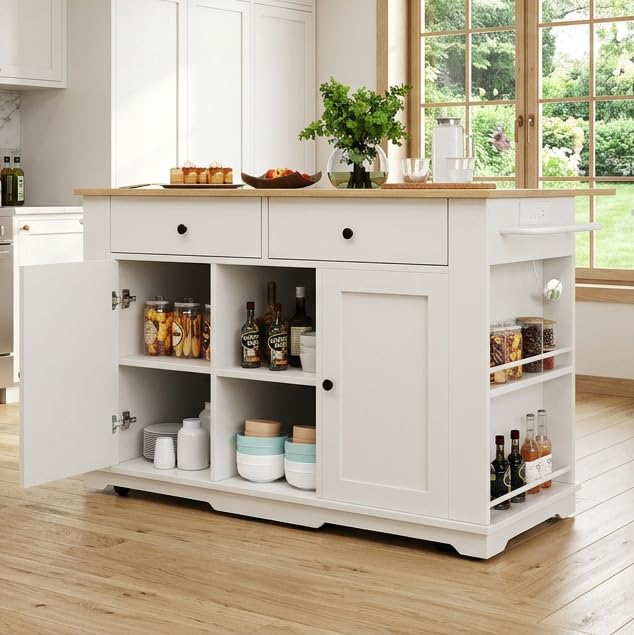 FammyLoft Rolling Kitchen Island on Wheels with Power Strip, Kitchen Trolley Storage with Folding Side Board, 2 Drawers, Adjustable Shelves, Trolley with Large Cabinet for Home Kitchens, White โ image 1
