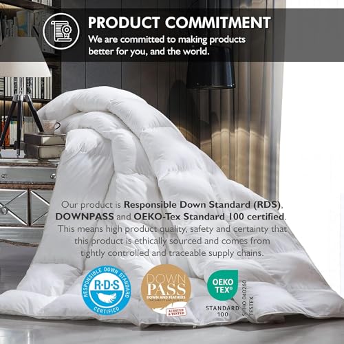 Image of Luxurious Oversized Queen 98 inch x 98 inch Size Goose Down Fiber Waterfowl Feather Fiber Comforter Duvet, 100% Egyptian Cotton Cover, 56 oz. Fill Weight, Baffle Box Design, White Solid