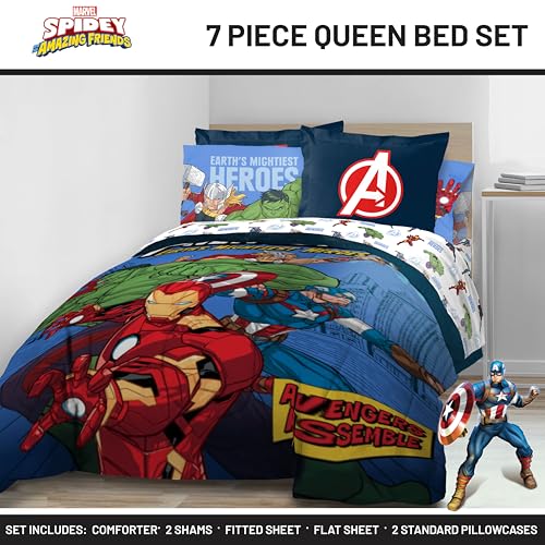 Image of Jay Franco Kids Bed Set, Blue, Avengers, 7 Piece Queen | Cozy Soft Bedding for Stylish Room Decor with Comforter, Sheets & Pillow Covers