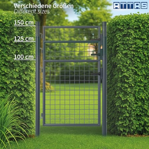 ATTAS Gartentor Metall | 100x100, anthranzit, inkl. Schloss und 3 Schlüssel abschließbar| Zauntür, Gartentür für Doppelstabmattenzaun Tor, Zauntor Metall, Hoftor, Rund
