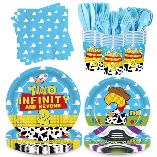 Detanpoly 168Pcs 2nd Birthday Paper Plates Napkins Disposable Tableware Set Two Years Old Birthday Party Supplies for Boys Birthday Party Serve 24 Guests