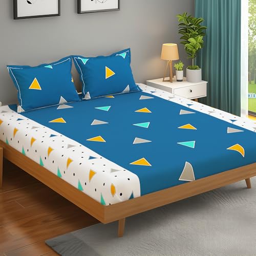 MollisHomes Bedsheets for Double Bed with 2 Pillow Covers|152TC, 100% Cotton Double bedsheet with Pillow Cover|225 x 250cm|Blue & White, Triangle Pattern|Home Decor |Ideal for Festive Gifting MollisHomes Bedsheets for Double Bed with 2 Pillow Covers|152TC, 100% Cotton Double bedsheet with Pillow Cover|225 x 250cm|Blue & White, Triangle Pattern|Home Decor |Ideal for Festive Gifting