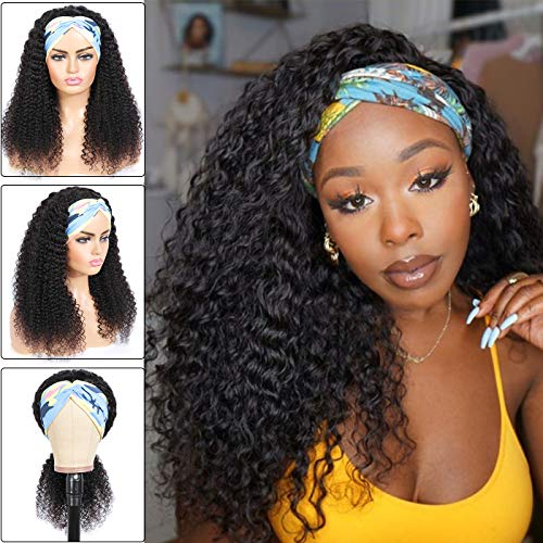Afro Curly Headband Wig Human Hair Natural Black None Lace Front Curly Hair Wigs 1 Piece 180% Density Kinky Curly Human Hair Wig 4 Free Headbands (Natural, Curly, 16")