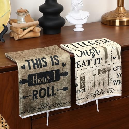 Image of Bencailor 6 Pcs Simple Words Kitchen Towels Decorative Sets Dish Towels Absorbent Fast Drying Hand Tea Vintage Hanging Reusable Cleaning Dishcloths for Cooking Farmhouse Bathroom Accessory