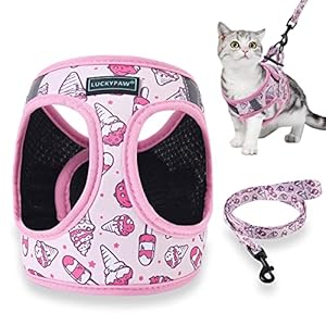 Cat Harness and Leash Set for Walking, Escape Proof Cat Harness for Small Medium Large Kitten Cat and Puppy, Pattern Vest Harness with Adjustable Strap for Traveling, Adventure(Ice Cream, 12-14″)