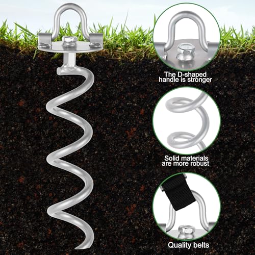 MIXXIDEA Gound Anchors Screw in, Metal Spiral Earth Anchors Kit, Heavy Duty Folding Ring Spiral Stake with Straps, Ground Stakes for Tent (Silver, 11.4 Inch with 92in Strap) — view 4