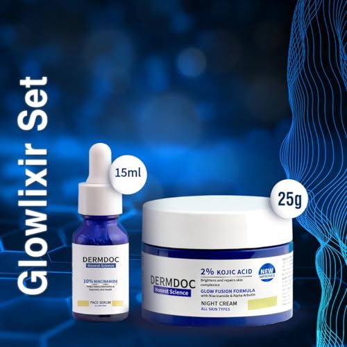 Image of DermDoc Glowlixir Set of 2-10% Niacinamide Face Serum (15ml) & 2% Kojic Acid Night Cream with Niacinamide & Alpha Arbutin (25 g) | Skin Brightening Combo