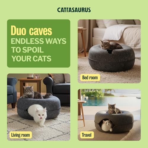 Image of Cattasaurus Peekaboo Cat Cave Donut for Multiple & Large Cats up to 30-45 lbs, 3-in-1 Self Warming Cat Bed, Tunnel & Scratcher for Indoor Cats, Washable & Detachable (Dark Gray + Dark Gray, Large)