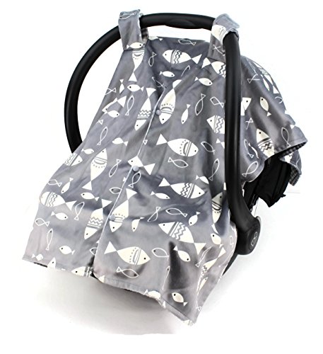 Image of Dear Baby Gear Deluxe Reversible Car Seat Canopy, Custom Minky Print, Fish on Grey /Grey Tan Plaid