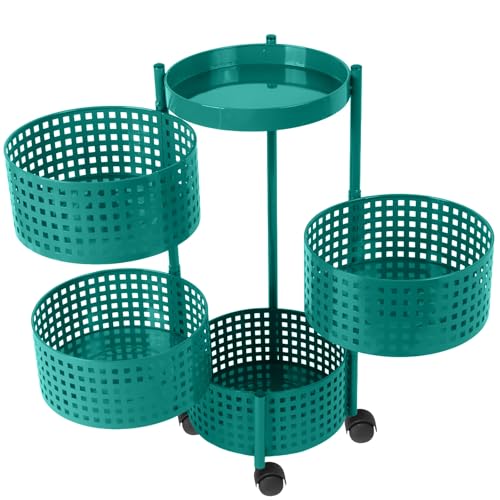 Image of 4-Tier Kitchen Carbon Steel Storage Rack - Turquoise Green | Durable & Sturdy Cart Organizer for Home & Kitchen | Vegetable, Fruits & Pantry Corner Rack | Multi-Layer Round Rack with Wheels