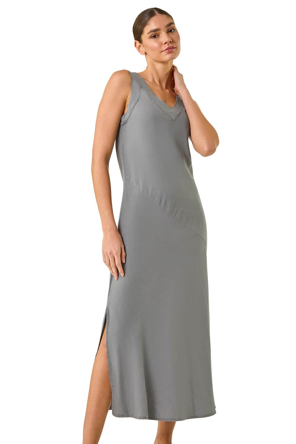 Roman Originals Bias Linen Mix Midi Dress for Women UK - Ladies Everyday Holiday Spring Summer V-Neckline Comfy Soft Evening Vacation Work Party - Grey - Size 18
