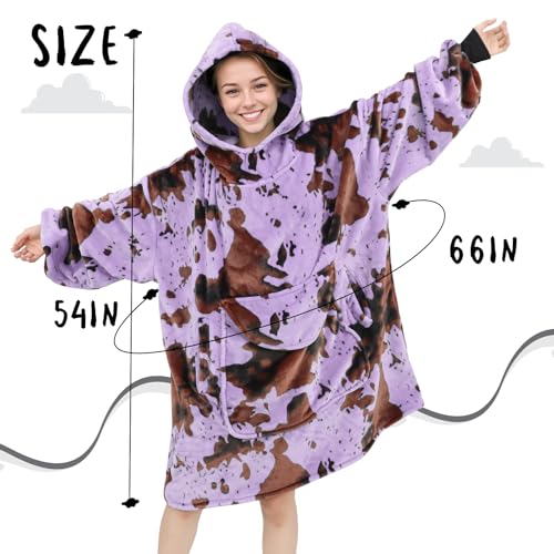 KIVEE Purple Cow Print Wearable Blanket Hoodie Oversized Fleece Sweatshirt Blanket with Giant Pocket Warm Cozy Hooded Blanket for Adult Cow Gifts for Women Men