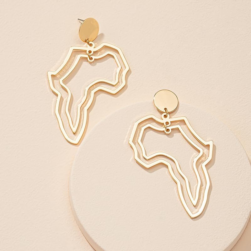 African Map Earrings for Women Gold African Continent Map Drop Dangle Earrings Geometric Hollow Out Africans Map Stud Earrings Minimalist Boho Statement Jewelry - Image 3