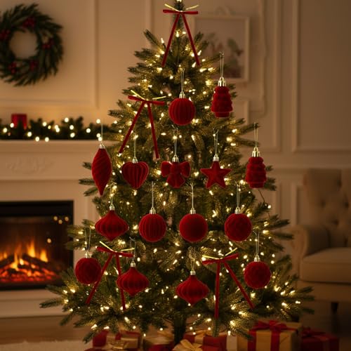 Jenaai 96 Pcs Velvet Christmas Ball Ornaments with Wreath Bow Assorted Flocked Shatterproof Christmas Balls Velvet Bows Hanging Xmas Tree Decorations Ornaments for Party Holiday(Burgundy) by Jenaai - Image 3