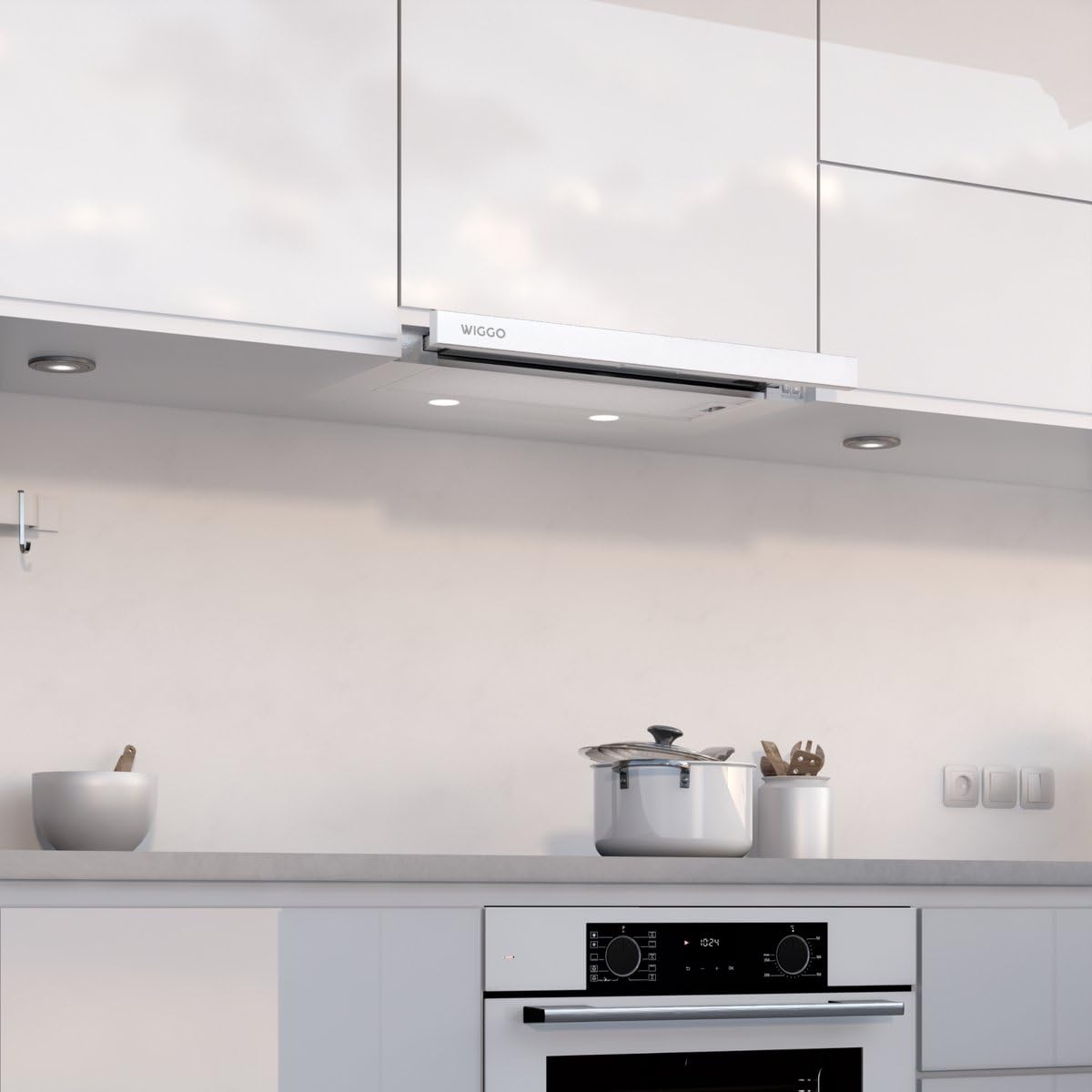 Wiggo Dunstabzugshaube 60cm WE-632R weiß I Flachschirmhaube für Abluft oder Umluft Dunstabzug 300m³/h mit LED-Beleuchtung I Einbau-Dunstabzugshaube inkl. Fettfilter & 2× Kohlefilter
