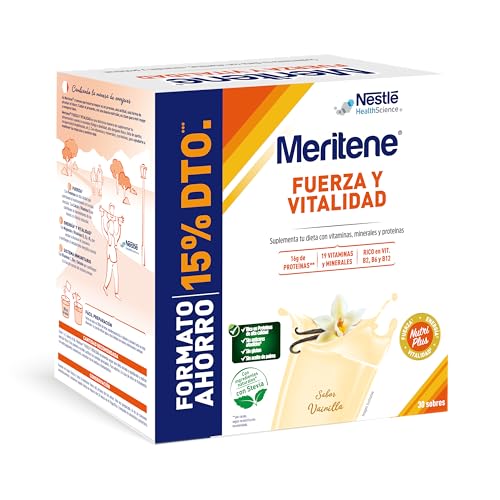 Meritene, Fuerza y Vitalidad para tus Músculos, Batidos Sabor Vainilla, Solución Nutricional para Adultos con Proteínas, Vitaminas y Minerales, 30 Sobres, 900 g Meritene, Fuerza y Vitalidad para tus Músculos, Batidos Sabor Vainilla, Solución Nutricional para Adultos con Proteínas, Vitaminas y Minerales, 30 Sobres, 900 g