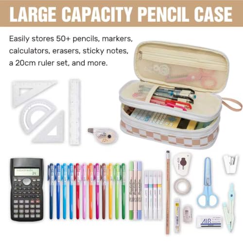 Image of Cute Checkered Pencil Case for Girls Boys,Large Checkerboard Pencil Pouch with Foldable Zipper Compartment&Multi-Pockets,Big Capacity Kids Stationery Bag Aesthetic Pen Box For School Office